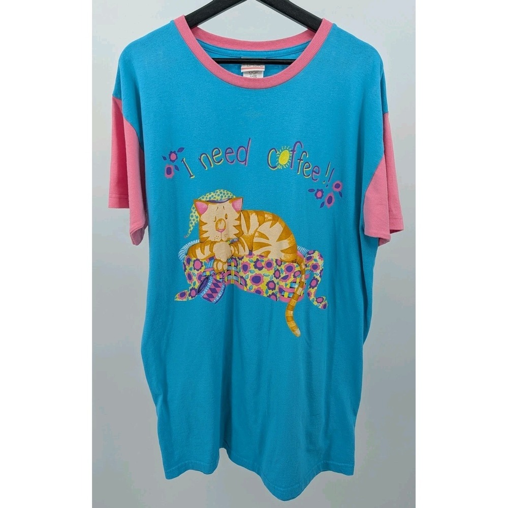 Vtg 90s Cat Coffee Graphic Single Stitch Sleep Long‎ Night T-Shirt One Size Teal